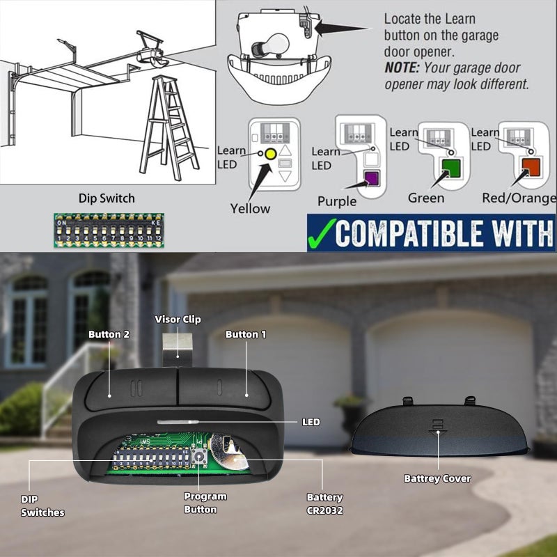 X X-HOUSE Universal Garage Door Remote Compatible for LiftMaster,Chamberlain,Linear,Stanley,Wayne Dalton,Craftsman and More Garage/Gate Door Opener has Learn Button or DIP Switch on Opener - Image 3